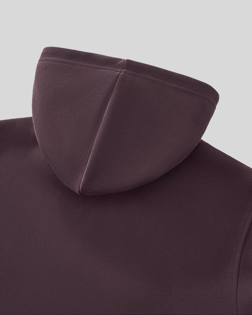 Closeup of back hood construction on StudioEase Cropped Hoodie in Dark Reddish Purple