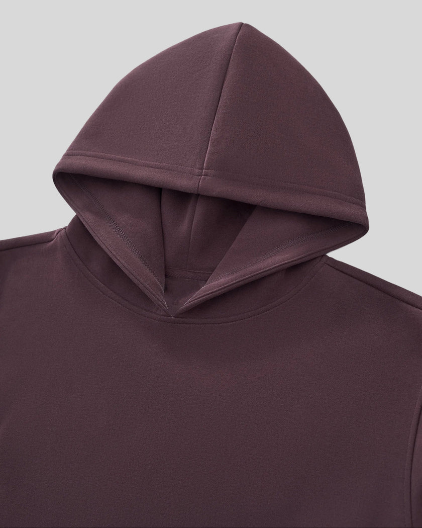 Closeup of minimalist drawstring-free hood and neckline on StudioEase Cropped Hoodie