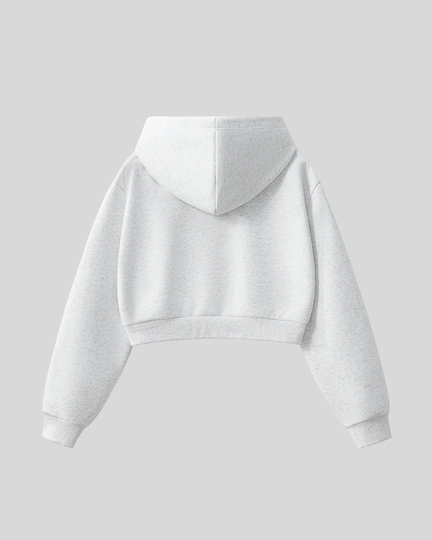 Back view of StudioEase Cropped Hoodie in Flower Gray with oversized hood