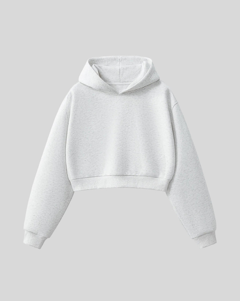 StudioEase Cropped Hoodie in Flower Gray with relaxed sleeves and ribbed hem, front view
