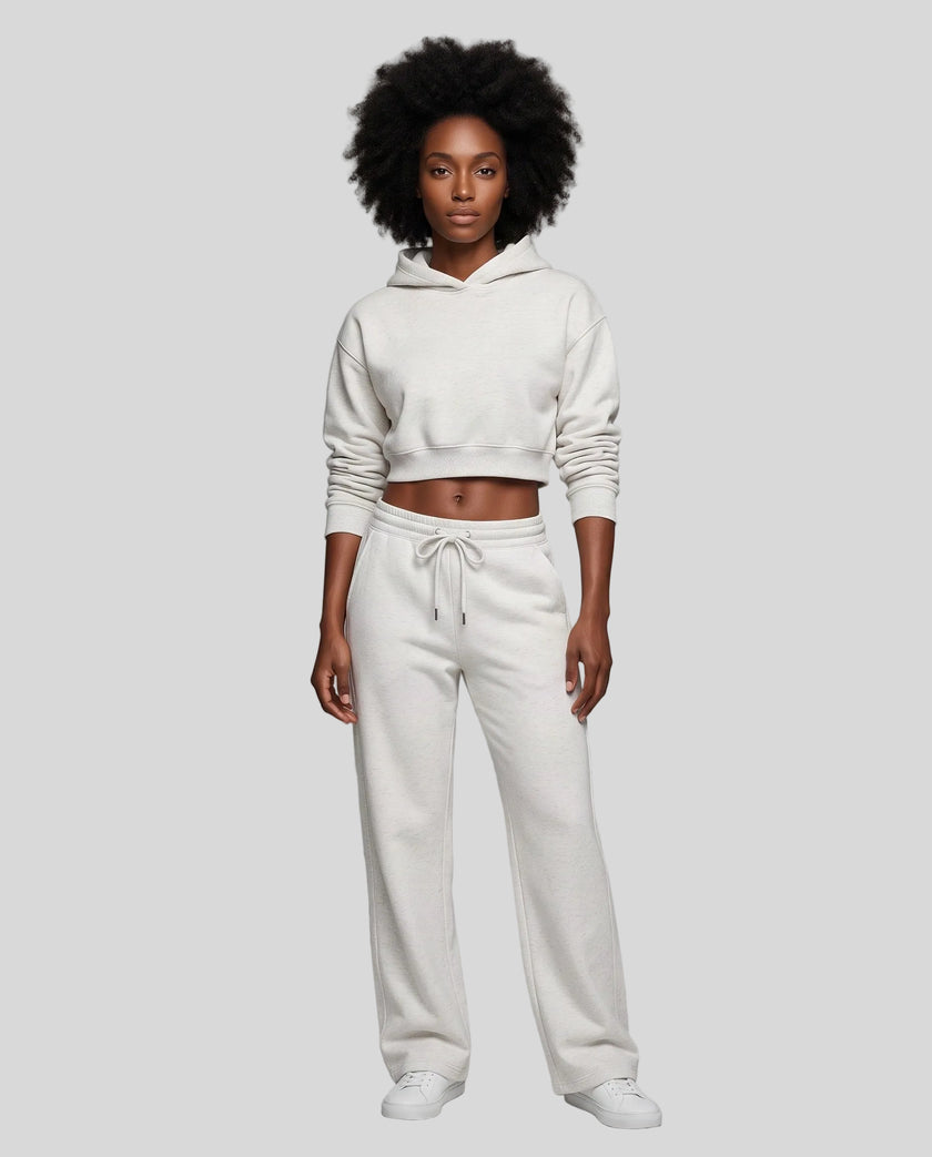 Full body front view of woman wearing Flower Gray StudioEase Cropped Hoodie with matching sweatpants