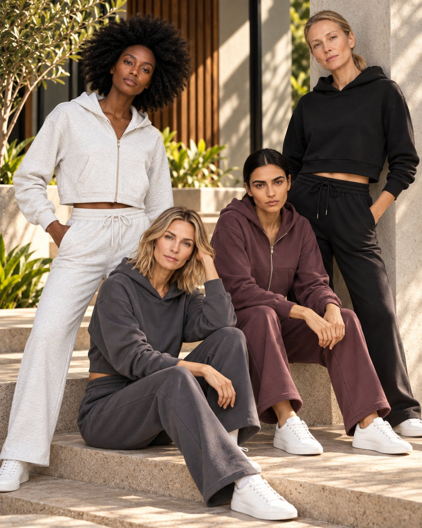 Four women wearing two versions of Athlesi StudioEase Matching Pieces in Dark Reddish Purple, Charcoal Gray, Flower Gray and Black