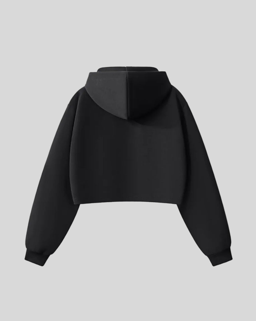 Back view of StudioEase Cropped Zip Hoodie in Black with relaxed hood