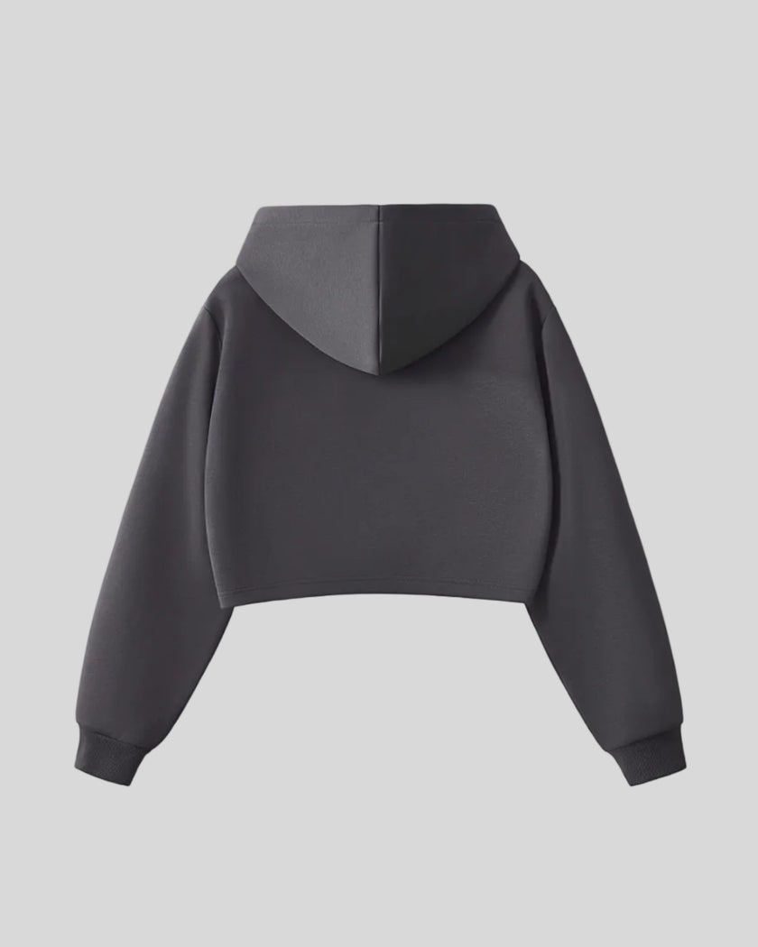Back view of StudioEase Cropped Zip Hoodie in Charcoal Gray with relaxed hood