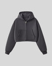 Front view of StudioEase Cropped Zip Hoodie in Charcoal Gray with full zipper and front pockets