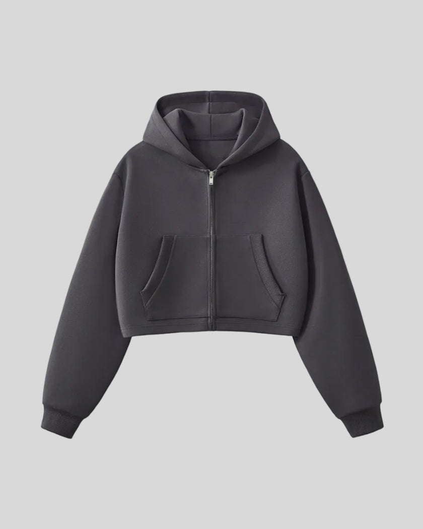 Front view of StudioEase Cropped Zip Hoodie in Charcoal Gray with full zipper and front pockets