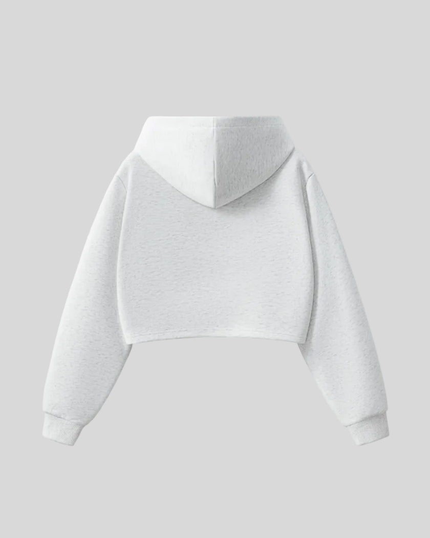 Back view of StudioEase Cropped Zip Hoodie in Flower Gray with relaxed hood
