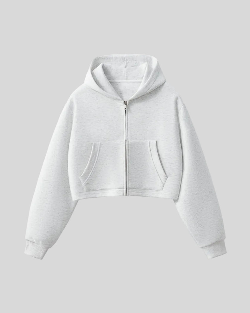Front view of StudioEase Cropped Zip Hoodie in Flower Gray with full zipper and front pockets