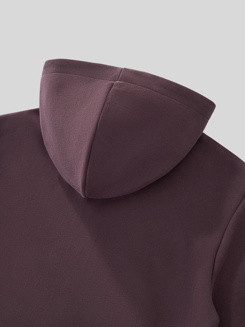 Closeup of back hood construction on StudioEase Cropped Zip Hoodie in Dark Reddish Purple