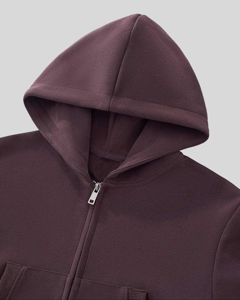 Closeup of hood neckline and full-zip closure on StudioEase Cropped Zip Hoodie