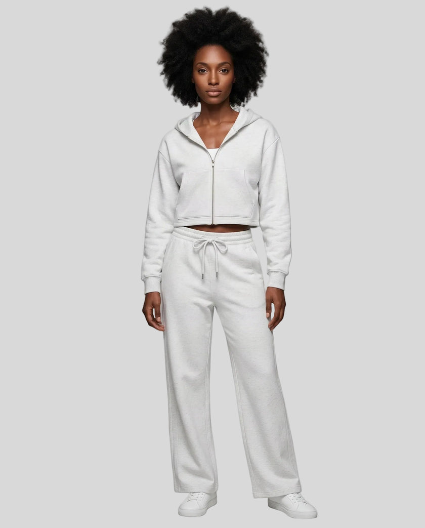 Full body front view of woman styling StudioEase Cropped Zip Hoodie with matching high-waisted sweatpants in Flower Gray