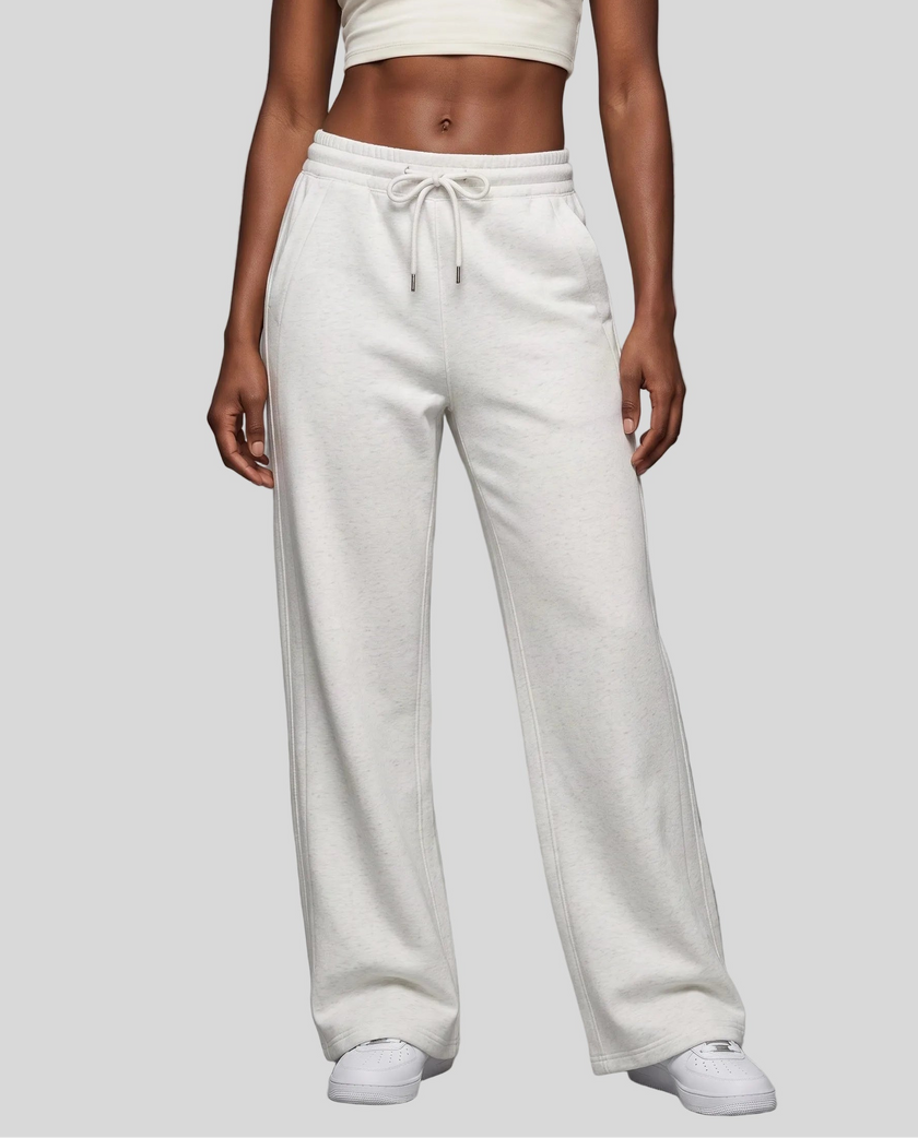 Lower body front view of woman wearing StudioEase Straight-Leg Sweatpants in Flower Gray