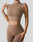 StudioLine High-Neck Tank camel, angled view highlighting clean arm openings and smooth fabric