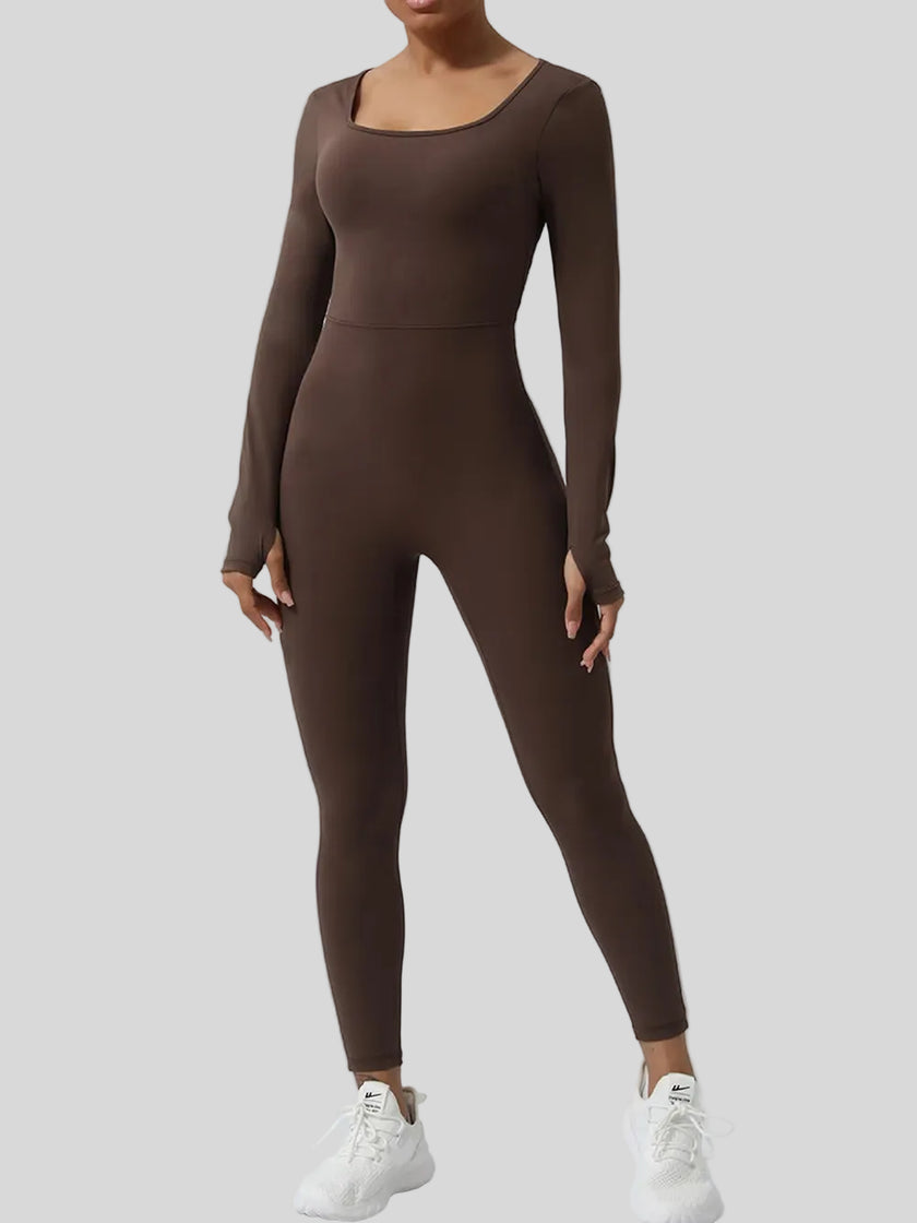 StudioTwist open-back long sleeve jumpsuit in chocolate, front view