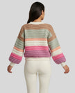 Back view of multicolor striped cardigan featuring soft textured knit and relaxed silhouette