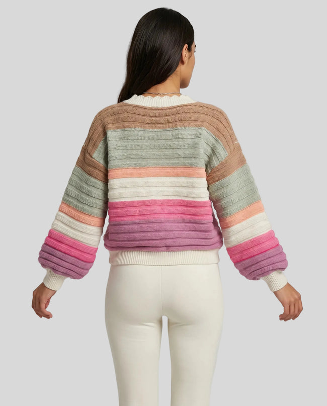 Back view of multicolor striped cardigan featuring soft textured knit and relaxed silhouette