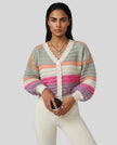 Front view of multicolor striped cropped cardigan with cozy balloon sleeves