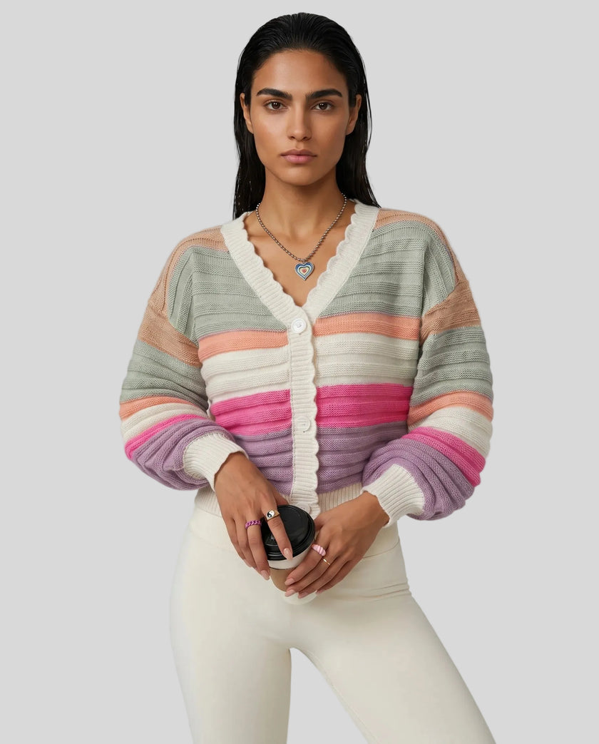 Front view of multicolor striped cropped cardigan with cozy balloon sleeves