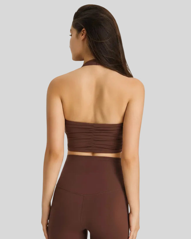 Back view of TerraSkin brown halter sports bra with ruched band detail