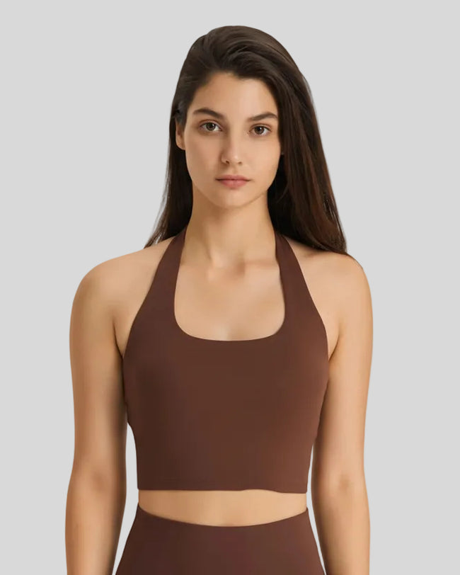 TerraSkin halter sports bra in brown front view longline second-skin design