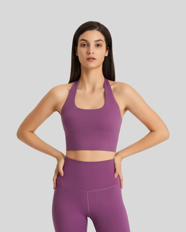 TerraSkin halter sports bra in purple front view longline second-skin design