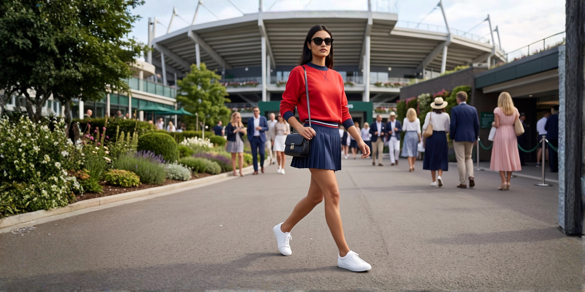 A woman walking outdoors in front of a stadium, wearing a red TrackLine Heritage Sweatshirt, a navy blue TrackLine Rally Skirt, white sneakers, and carrying a black shoulder bag.