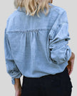TieForm Denim Top back view with soft washed denim finish and relaxed silhouette in light blue