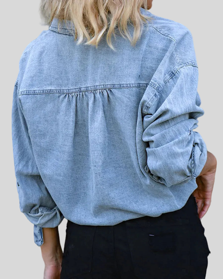 TieForm Denim Top back view with soft washed denim finish and relaxed silhouette in light blue