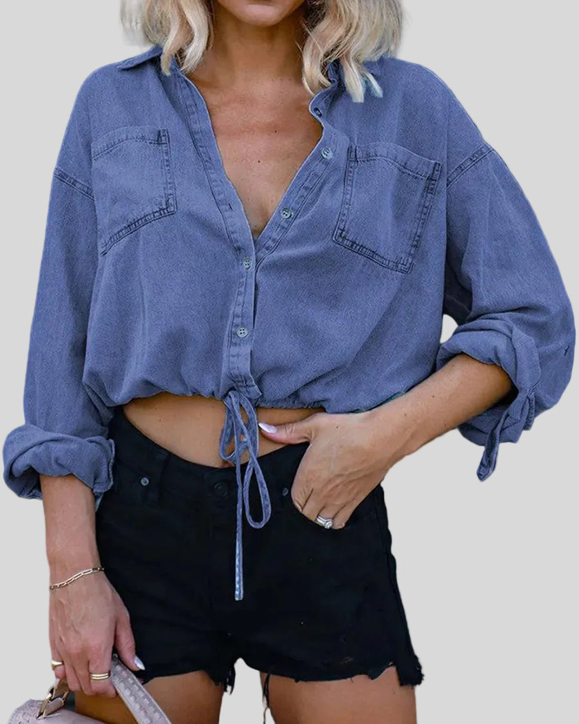 TieForm Denim Top in medium blue front view with button front and adjustable tie hem