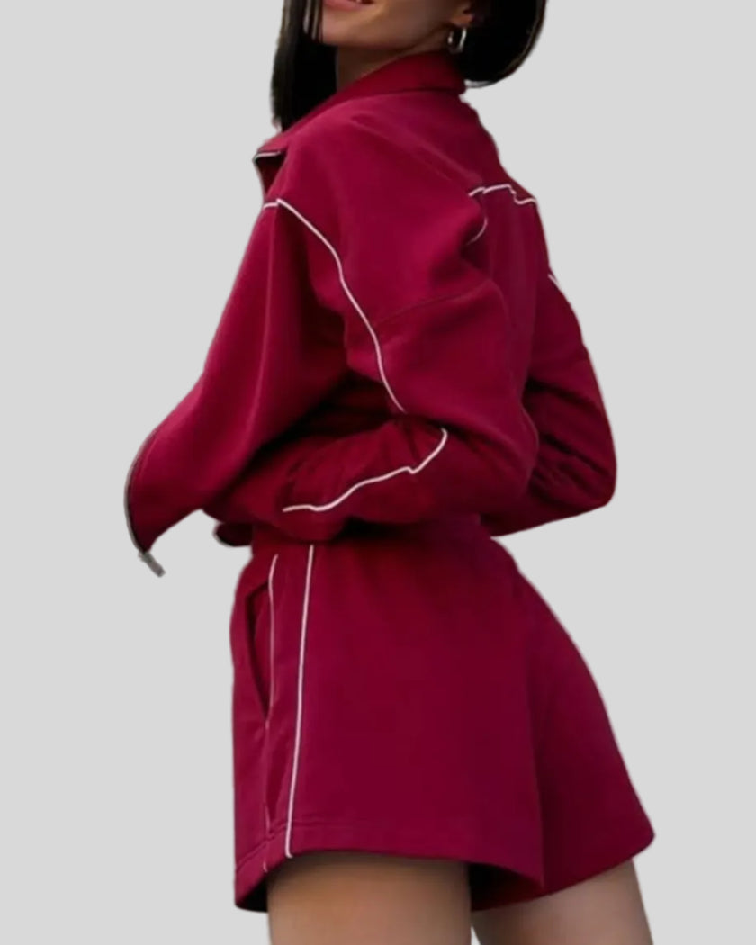 Back view of Athlesi TrackEase jacket and shorts set in burgundy