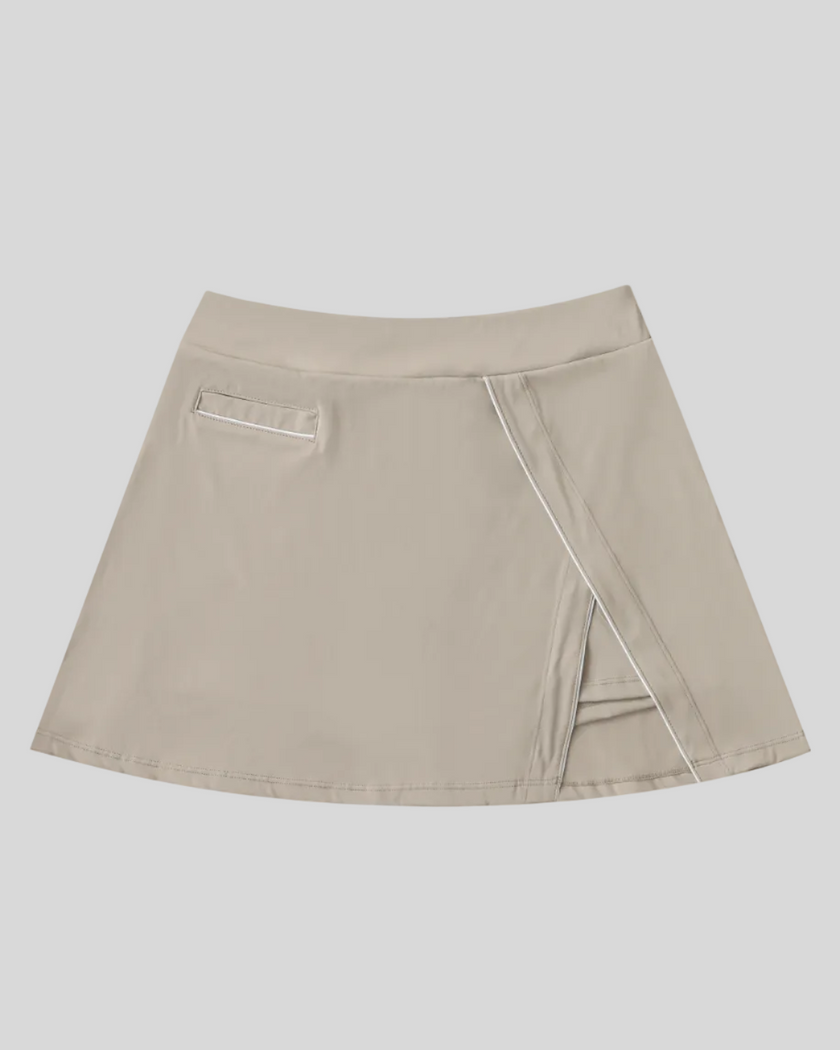 Athlesi TrackLine A-Line Skirt in light coffee shown in flatlay front view