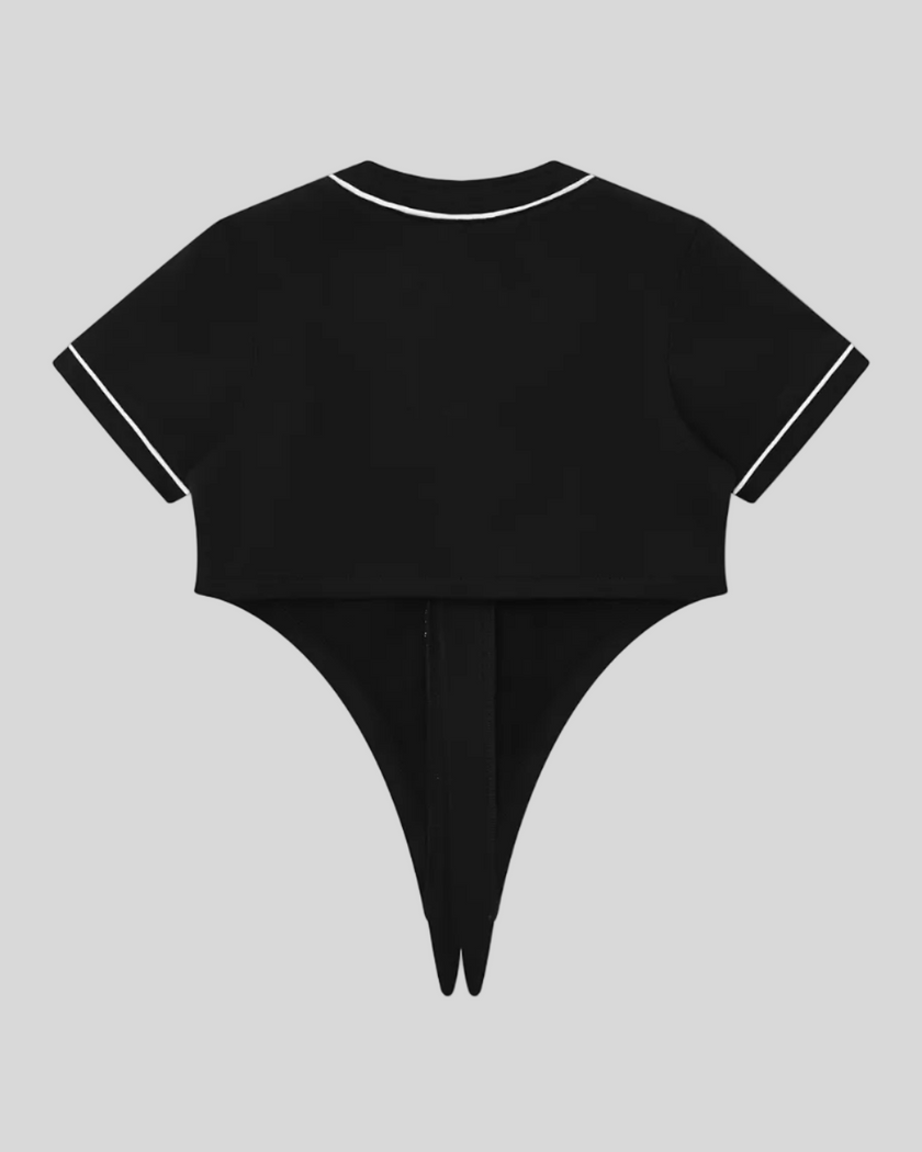 TrackLine Baseball Jersey in Black back view with contrast neckline and sleeve trim