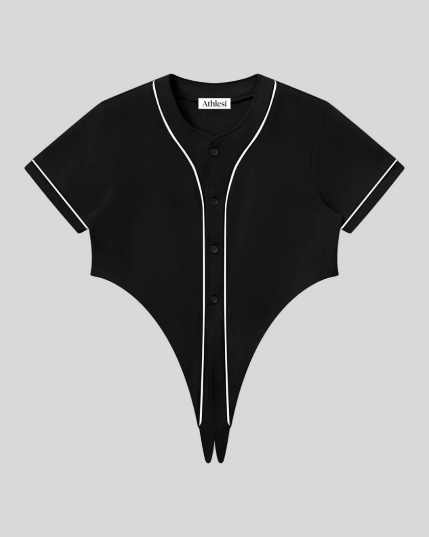 TrackLine Baseball Jersey in Black front view with contrast piping, short sleeves, and button-front design