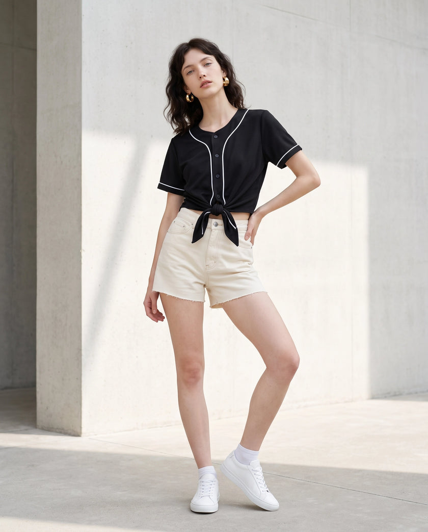A woman modeling a black TrackLine Baseball Jersey with white piping and a tied waist, paired with cream shorts and white sneakers, standing against a concrete wall.