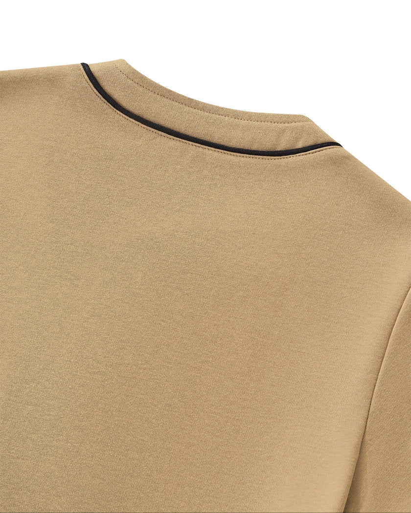 Back collar close-up of TrackLine Baseball Jersey in Coffee showing contrast piping around the neckline