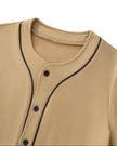 Front collar close-up of TrackLine Baseball Jersey in Coffee showing contrast piping and button-front detail