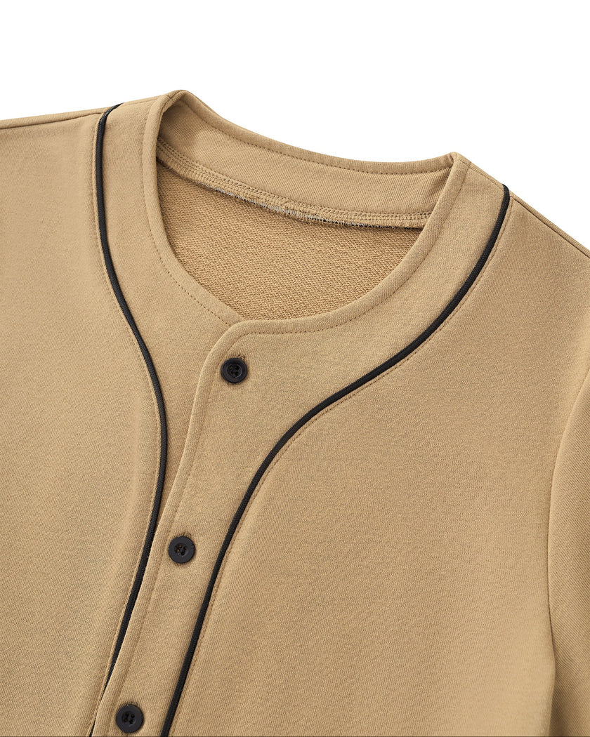 Front collar close-up of TrackLine Baseball Jersey in Coffee showing contrast piping and button-front detail