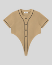 TrackLine Baseball Jersey in Coffee front view with contrast piping, short sleeves, and button-front design