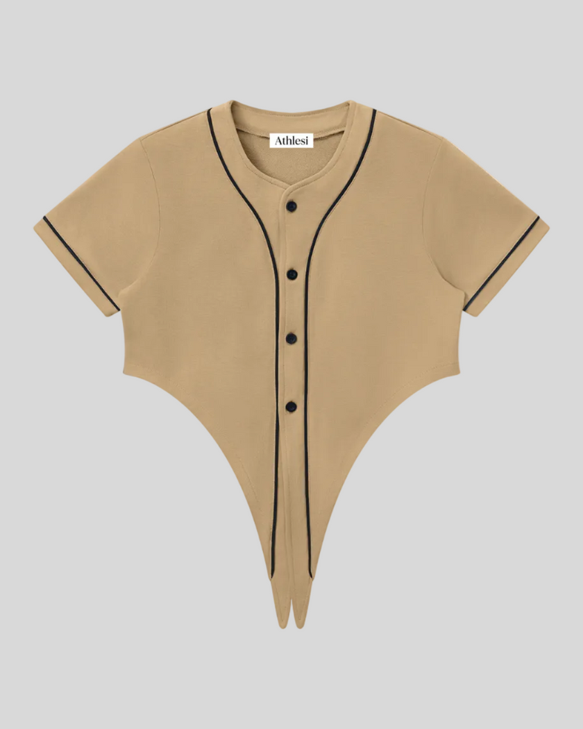 TrackLine Baseball Jersey in Coffee front view with contrast piping, short sleeves, and button-front design