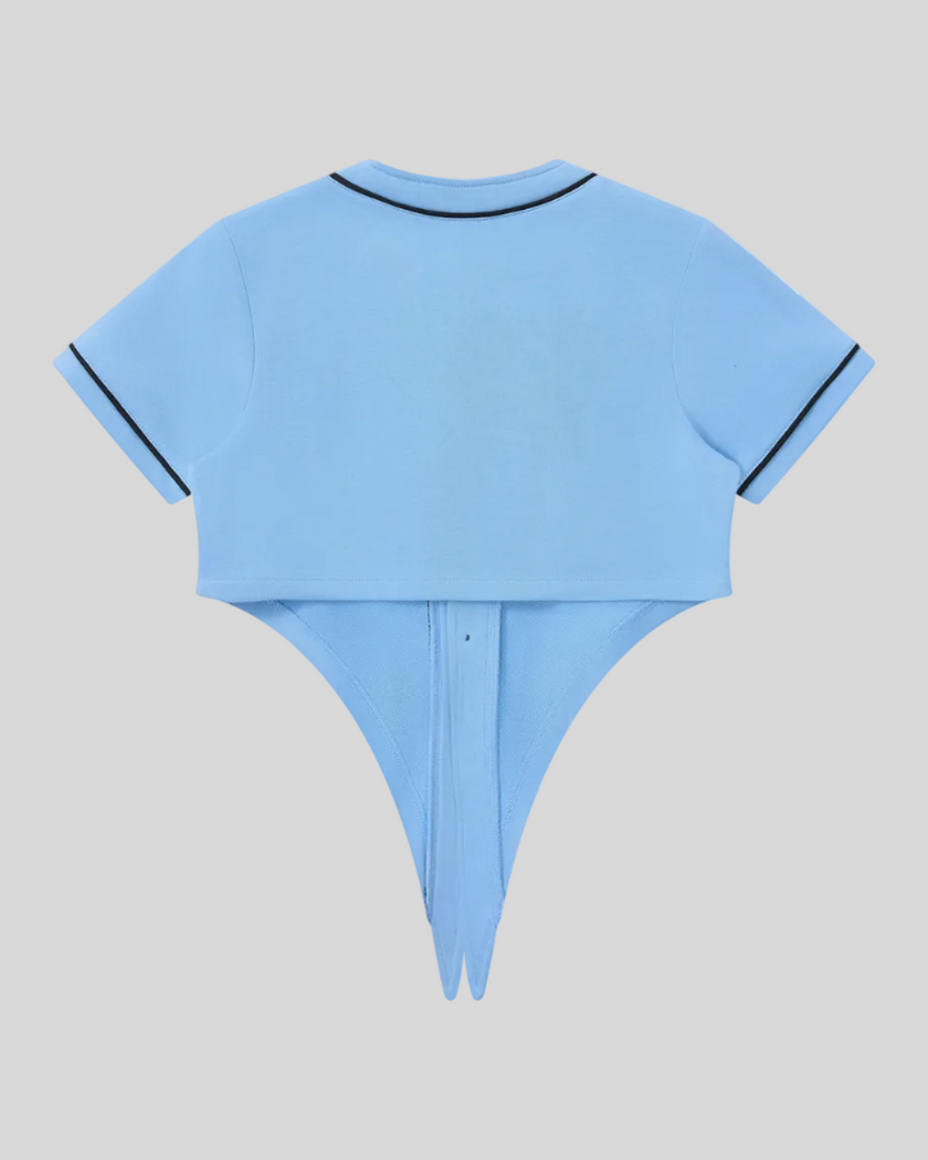 TrackLine Baseball Jersey in Sky Blue back view with contrast neckline and sleeve trim