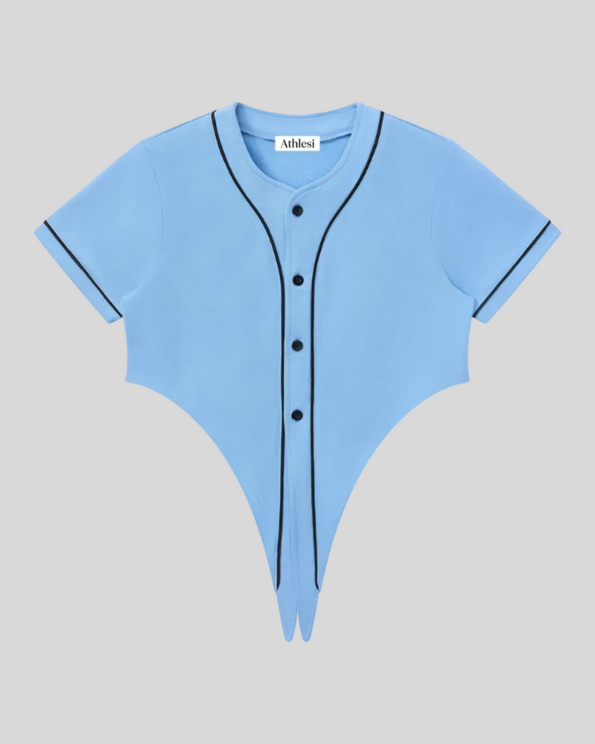 TrackLine Baseball Jersey in Sky Blue front view with contrast piping, short sleeves, and button-front design