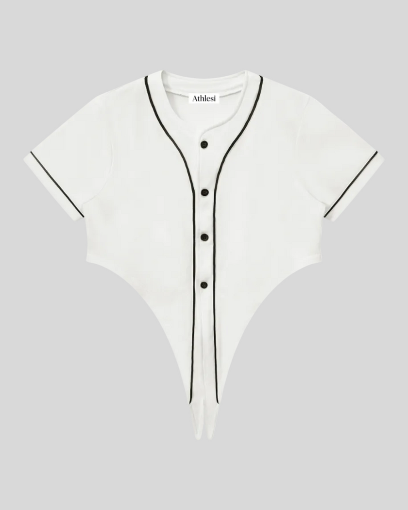 TrackLine Baseball Jersey in White front view with contrast piping, short sleeves, and button-front design