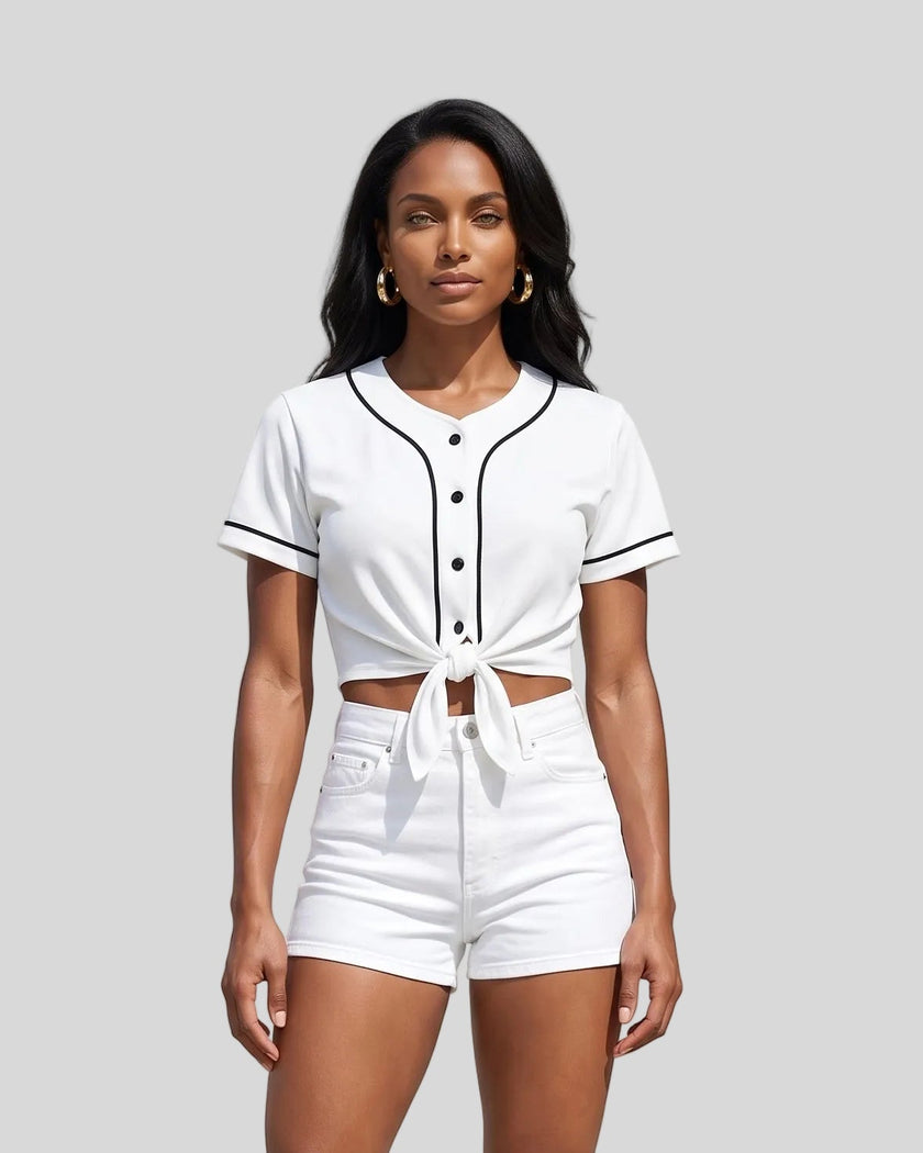 Woman wearing the TrackLine Baseball Jersey in White tied at the front with a cropped casual fit