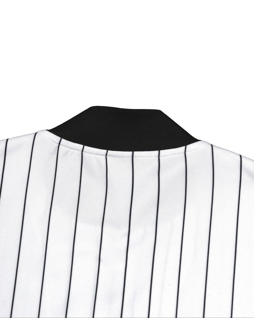 Back collar close-up of the Athlesi TrackLine Baseball Striped Jersey in white and black