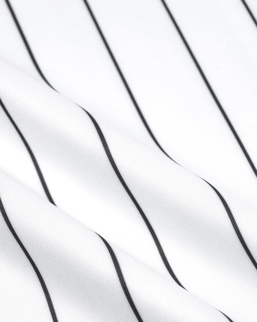 Detailed view of the smooth polyester knit and vertical stripes of the Athlesi TrackLine Baseball Striped Jersey