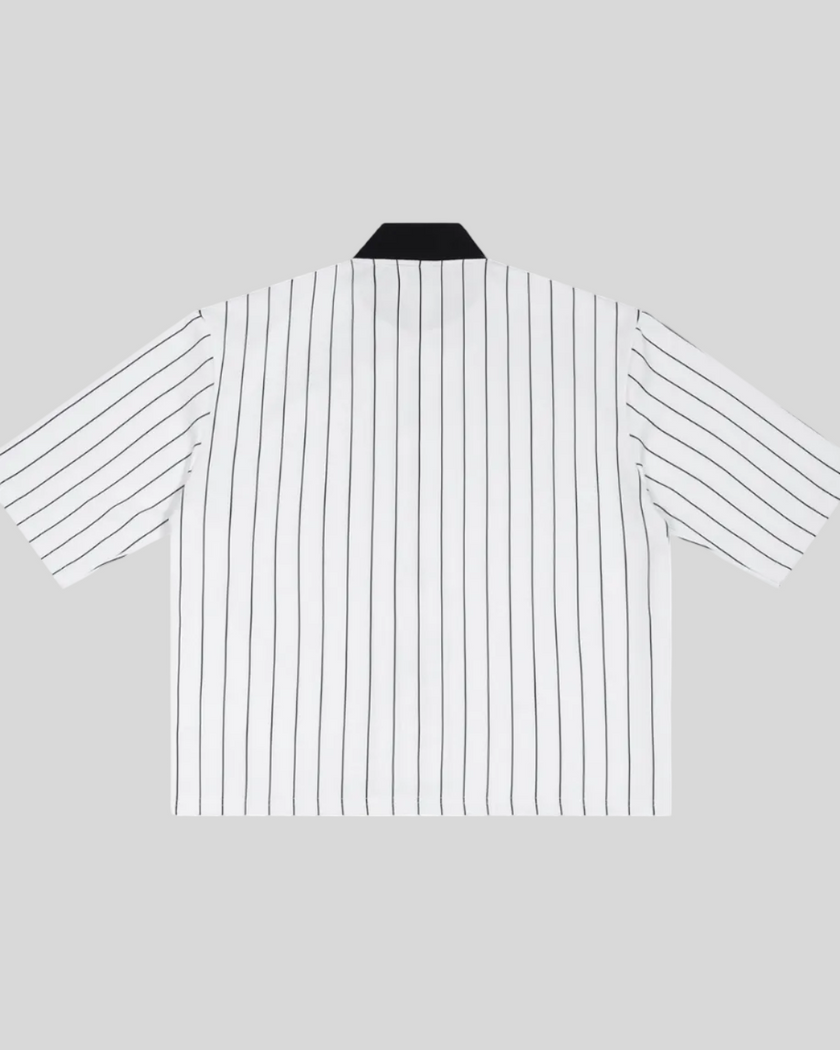 Athlesi TrackLine Baseball Striped Jersey in white with black pinstripes, back view