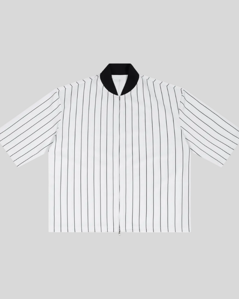 Athlesi TrackLine Baseball Striped Jersey in white with black pinstripes and contrast collar, front view