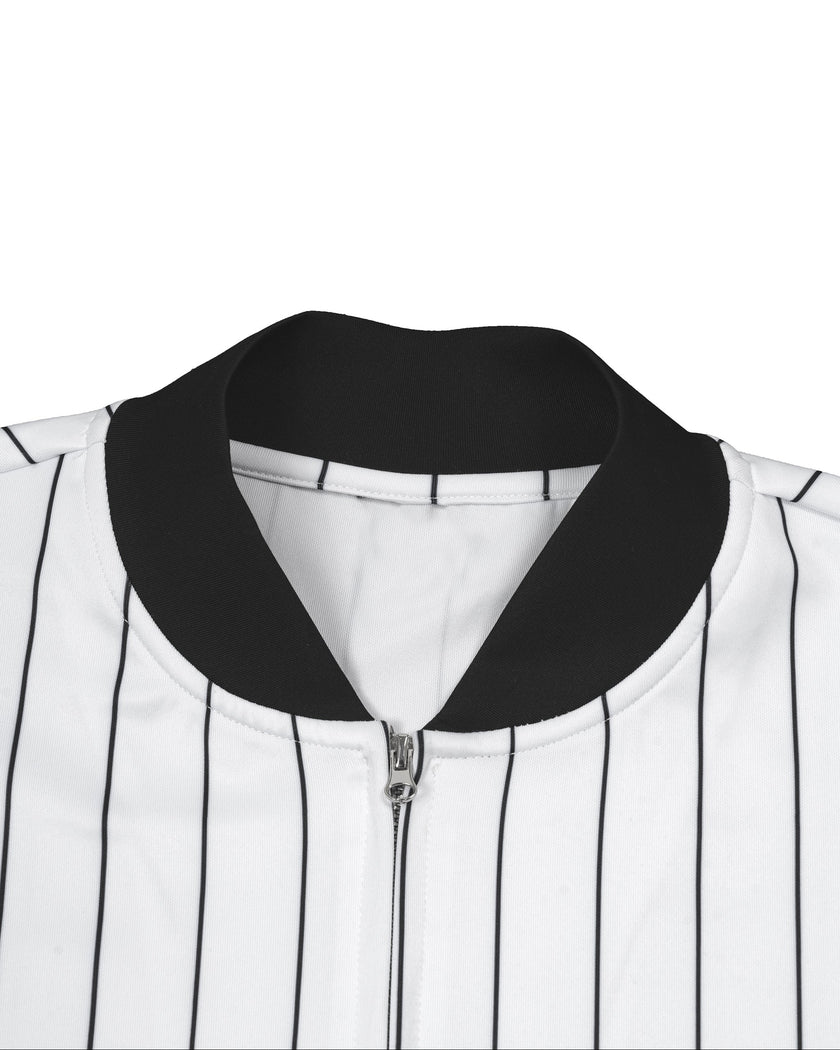 Close-up of the black contrast ribbed collar and full-zip front on the Athlesi TrackLine Baseball Striped Jersey