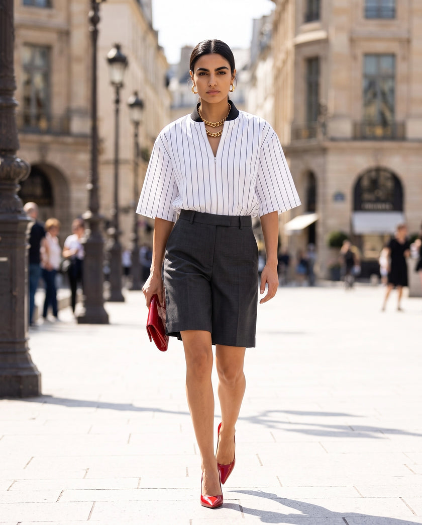 A woman walking down a sunny city street wearing a white TrackLine Baseball Striped Jersey, black high-waisted shorts, and red pointed-toe heels, holding a red clutch.