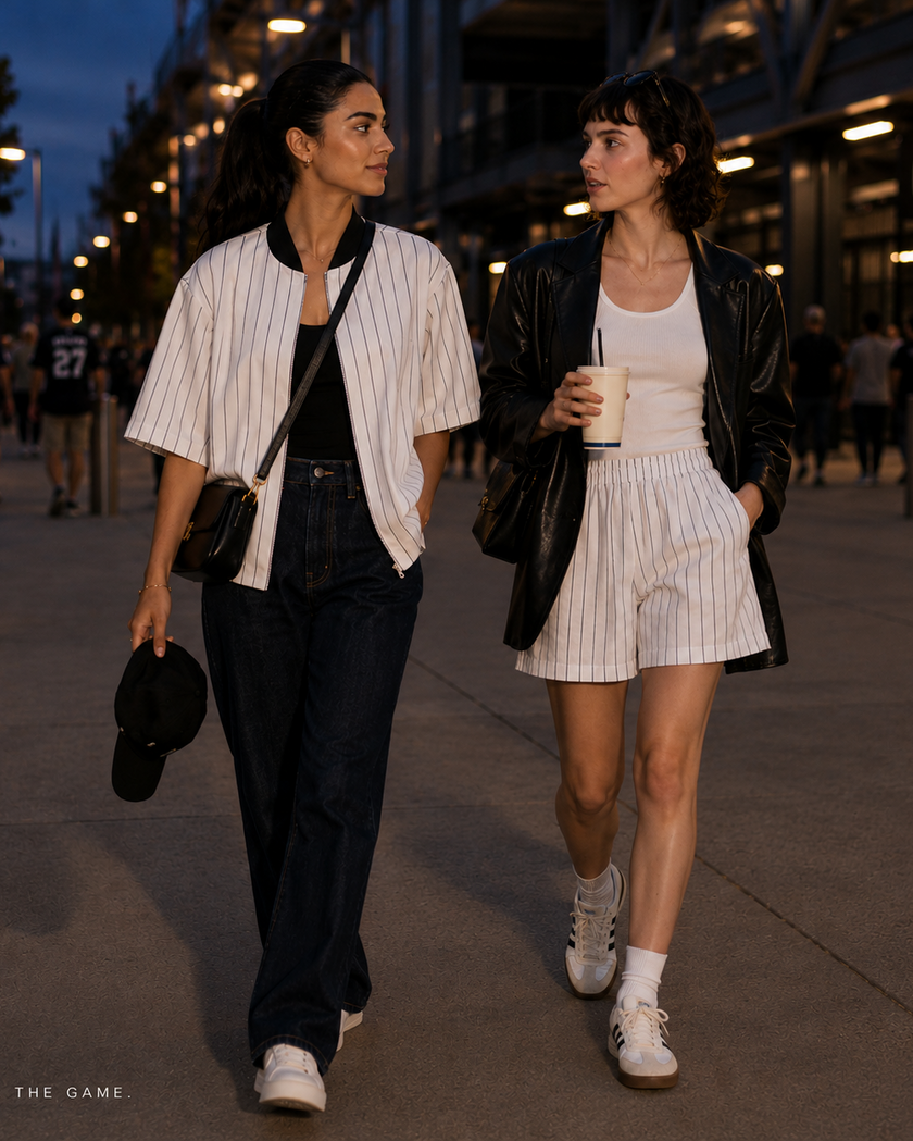 Two women walking together in an outdoor stadium or event area at dusk, wearing coordinated streetwear. One wears a TrackLine Baseball Striped Jersey over a black top with dark jeans, and the other wears a TrackLine Baseball Striped Shorts with a white top and a black leather jacket.
